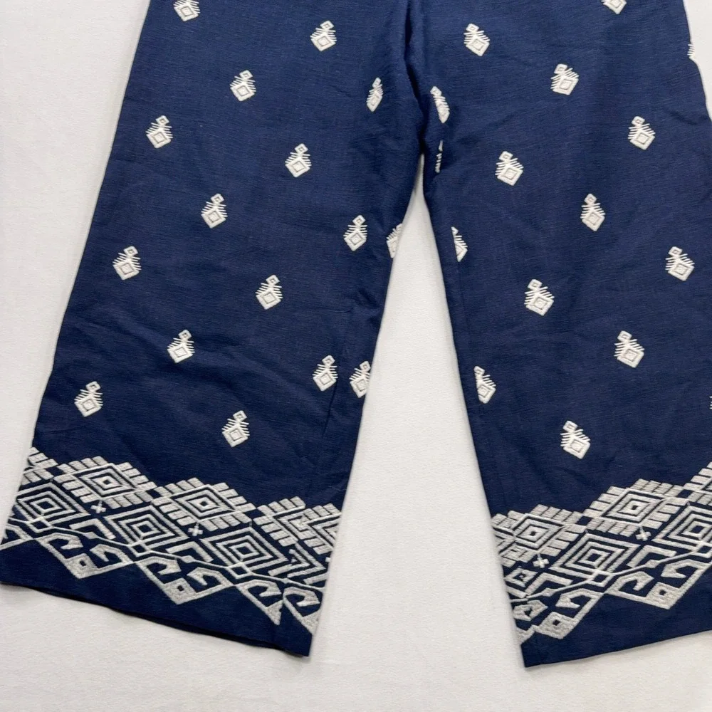 Zara Pants Embroidered Linen Blend Wide Leg Cropped Navy Blue Women XL